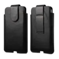 Primer plano de la funda de cuero genuino para teléfono con clip para cinturón y cierre magnético. - 6,1 Pulgadas / Negro