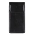 Detailed view of the black leather vertical phone holster showing fine stitching and magnetic flap. - Universal Within 154mm Long / Black
