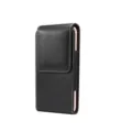 Gros plan sur l'étui de téléphone vertical en cuir noir avec coutures blanches et bande élastique. - 4.7-5.2 Pouces / Noir