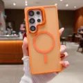 Coque de téléphone MagSafe mate avec support de caméra pour Samsung S25 Ultra antichoc - Orange