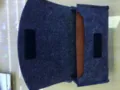 Close-up detail of open grey felt phone pouch with brown inner lining and velcro. - 160*90*38mm / Blue