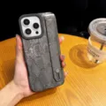 Coque de téléphone en cuir motif serpent avec lanière et support pour iPhone 16 Pro Max - Avec Dragonne / iPhone 16 / Gris Argent