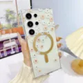 Clear floral magnetic phone case detail showcasing cute white flowers and gold MagSafe ring style. - Style C1 / Galaxy S26