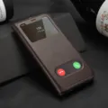 Brown leather flip phone case with dual window view, vintage business style protective cover. - iPhone 12 Pro Max / Brown