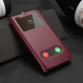 Business style leather flip phone case with dual view windows, dark red protective cover. - iPhone 12 Pro Max / Burgundy
