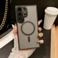 Detail shot of matte magnetic phone case with camera protection and wireless ring charger. - Black