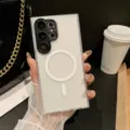 Detailed view of frosted magnetic phone case with camera protection and wireless charging ring. - White / S26 Ultra