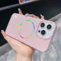 Pink glitter phone case detail with colorful magnetic ring, premium protective back cover. - Pink