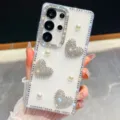 Sparkling Rhinestone Pearl Clear Phone Case Elegant Luxury Protective Back Cover Style - Glitter White and Artificial Pearl Heart (S26)
