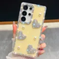 Sparkly Rhinestone Heart Pearl Phone Case IMD Protective Cover for Luxury Style Glitter - Yellow Glitter with Pearl Heart (S26)