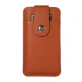 Brown PU leather vertical phone pouch case with card slot and metal snap button closure - Brown