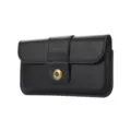 Vue détaillée de l'étui ceinture pour téléphone en cuir noir pour homme avec bouton pression. - Noir