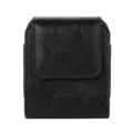 Detail shot of black leather folding phone waist pouch, magnetic closure and belt loop design. - 10*8*2.5cm / Black