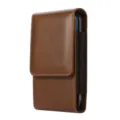 Detailed view of brown vintage leather vertical phone holster with elastic band and flap. - Vertical Brown