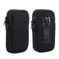Black double compartment neoprene waist bag with carabiner and belt loop for outdoor sports. - Black