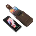 Detail view of brown vertical phone holster with card slots, belt loop and magnetic closure. - Dark Brown