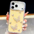 Kristall Strass Schmetterling Handyhülle Luxus Perle Harte Rückseite Glänzend Schutzhülle - iPhone17 / Glitzer Hellgelb mit Schmetterlingen