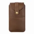 Detail view of the premium brown genuine leather vertical phone holster with snap button. - Wallet / 4.7 Inch Size / Brown