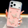 Θήκη τηλεφώνου με πεταλούδα στρασ για iPhone, αστραφτερή προστατευτική σκληρή θήκη. - iPhone17 / Ανοιχτό Ροζ με Χρυσόσκονη και Πεταλούδες