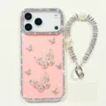 Glitzernde Schmetterling Handyhülle mit Perlen Armband Kette für iPhone Schutzhülle Strass - iPhone17 / Glitzerndes Hellrosa mit Schmetterlingen und Armband