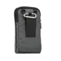 Detail view of grey canvas phone waist pouch back featuring belt loop and metal carabiner. - Dark Gray