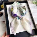 Silk square scarf for women, elegant purple iris floral design, lightweight neck scarf for summer. - Purple-edged Iris