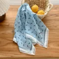 Retro blue sunhat print triangular headscarf with delicate white lace trim for women beach. - Small Straw Hat Blue and White