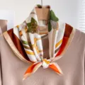 Elegant silk square scarf for women, chic orange and brown equestrian design neckerchief. - Large Square / Off-White Horsebit