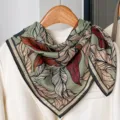 Silk-like botanical print square scarf for women, elegant green leaf pattern neckerchief for spring. - 12-Colorful Leaves - Light Green