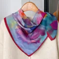 Colorful artistic print small square scarf for women, elegant neck wrap and accessory. - 5-Lotus Step by Step - Blue & Purple