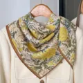 Floral silk square scarf for women, elegant yellow and green floral print neckerchief. - 6-Fragrant Overflow - Yellow & White