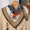 Silk feel square scarf with polka dot rose print chic women neckerchief for spring fashion. - 8-Holding Polka Dot Rose - Camel & White