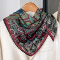 Vintage paisley and clover print square scarf, retro silk feel neckerchief for women. - Ethnic Blue Red