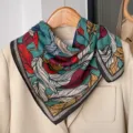Gradient imitation silk square scarf feather print elegant neckerchief for women spring - 11-Colorful Leaves - Blue & Red