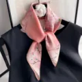 Main product view of a pink silk square scarf featuring elegant peach blossom print for women. - Peach Red Peach Blossom