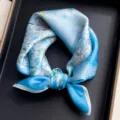 Blue floral silk square scarf, elegant neckerchief for women, soft mulberry silk accessory. - Sky Blue Peach Blossom