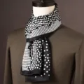 Silk scarf for men black and white geometric pattern long silk neckerchief stylish - Black White Small Grid