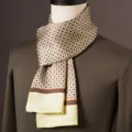 Men's silk scarf with elegant geometric medallion pattern and solid yellow border detail. - Legendary Polka Dot - Beige