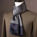 Men's pure mulberry silk scarf featuring elegant geometric pattern. Premium business long neckwear. - Fine Plaid - Black
