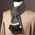 Men silk scarf long geometric black white print luxury business neckwear accessory gift - Window Lattice - Black