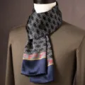 Luxury silk scarf for men with classic geometric dot pattern and elegant multi-color border design. - Gold Coin Plaid - Blue