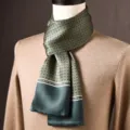 Elegant men's luxury silk scarf featuring a stylish green geometric pattern and classic border. - Polka Dot Flower - Dark Green