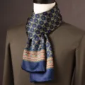Men's luxury silk scarf featuring classic equestrian and geometric print for business style. - Immediate Success - Blue