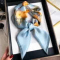 Silk square scarf blue orange fruit pattern elegant women spring autumn neck scarf 70cm - Good Luck Persimmon