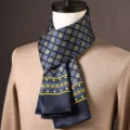 Men's mulberry silk long scarf, classic navy blue geometric pattern necktie for business. - Agate Plaid - Navy Blue