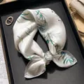White silk square scarf with elegant bamboo leaf print, premium smooth fabric for women. - Panda Bamboo