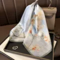 Light blue silk square scarf with elegant floral print, premium satin neckerchief for women. - Impression West Lake