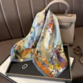 Silk square scarf with traditional Dunhuang cultural art print, elegant silk accessory for women. - Flying Apsaras - Blue