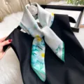 Silk small square scarf featuring elegant white and green floral print design for women. - Green Field Camellia