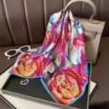 Vibrant floral print silk square scarf with blue trim, elegant fashion accessory for women. - Dazzling Purple Dahlia